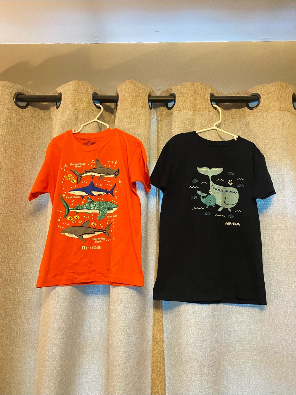 Kids' 2 pack Orange Shark & Navy Blue Whale Print Short Sleeve Tees, Sz Large!